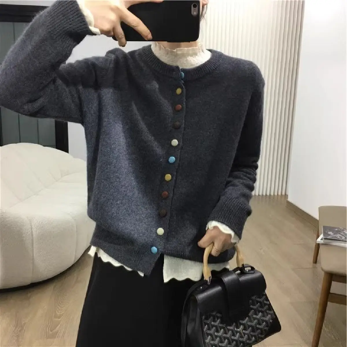 أنيقة نصف الياقة العالية شق زر الدانتيل سترة الربيع تنوعا طويلة الأكمام الطبقات الداخلية قميص للنساء