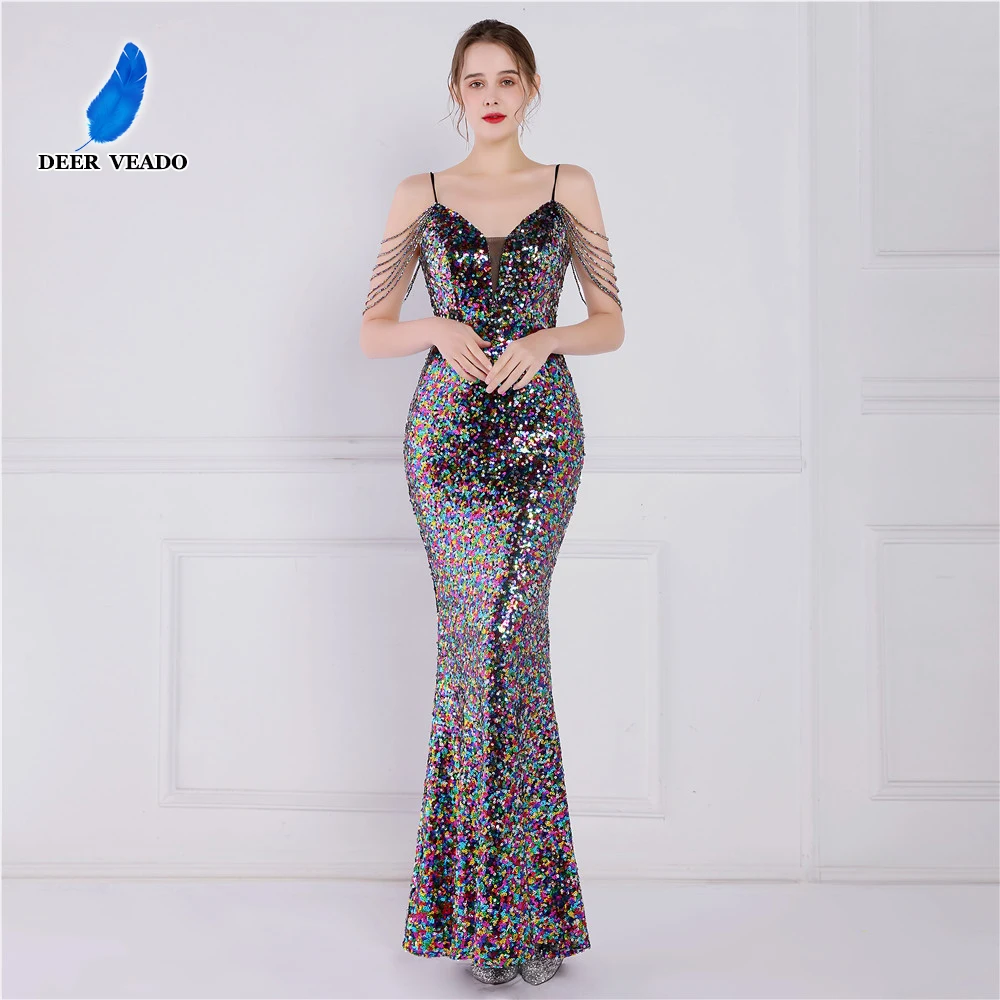 

DEERVEADO Mermaid Strap Evening Dress Women's Bodycon Sequin Formal Party Dresses Long Prom Dress with Beading 2022 New