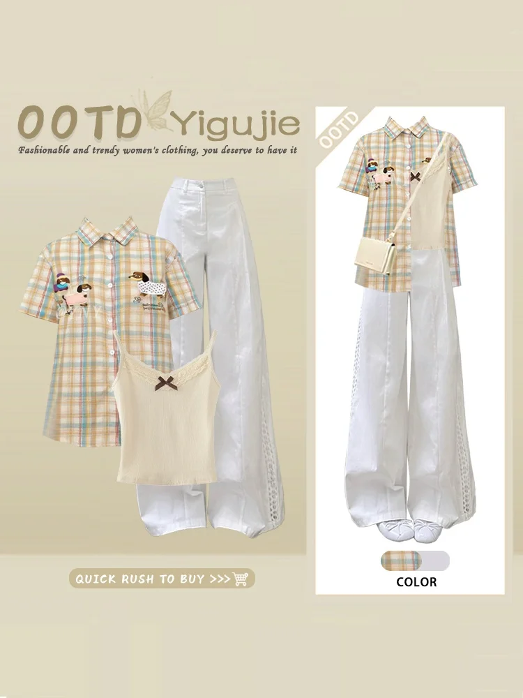 Cute Retro Japanese Style  Collar Cartoon Plaid Shirt Lace Strap White Pants Summer Three-Piece Set Women's Fashion Ensemble
