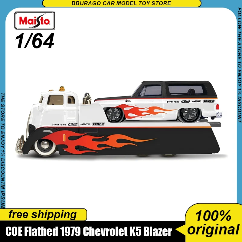 Maisto 1:64 vehículo de transporte remolque coche modelo aleación miniatura Diecast modelo Coe Flatbed 1979 Chevrolet K5 Blazer juguete chico regalo