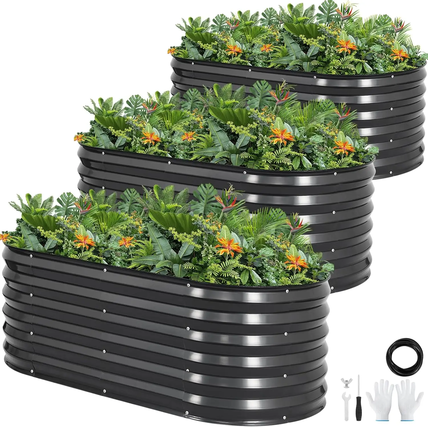 Outdoor Galvanized Metal Raised Garden Bed in Darkgrey, 3Pcs Kit for Deep Root Plants