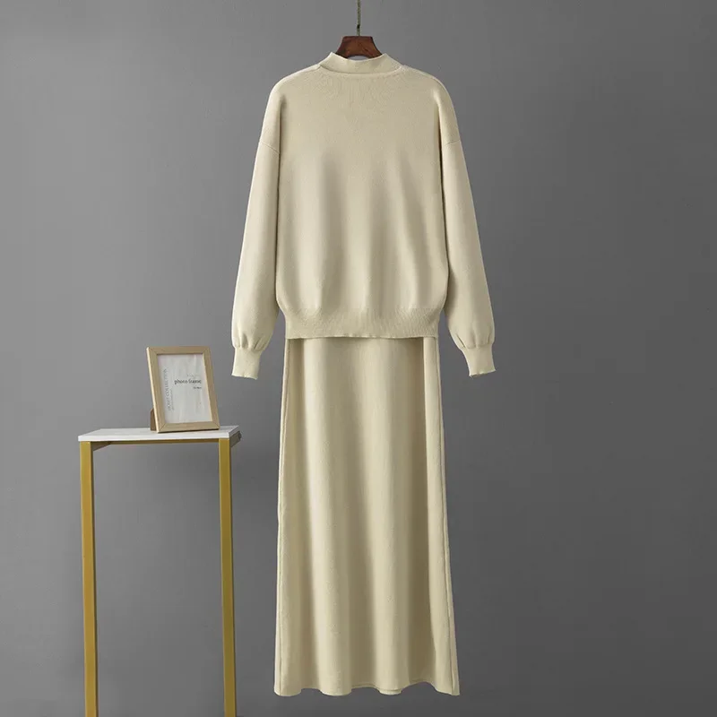 Fashion Women Woolen Dress Suit Autumn Sleeveless Knit Long Dress with Long Sleeve Deep V-neck Suit Women Two-piece Set Elegant