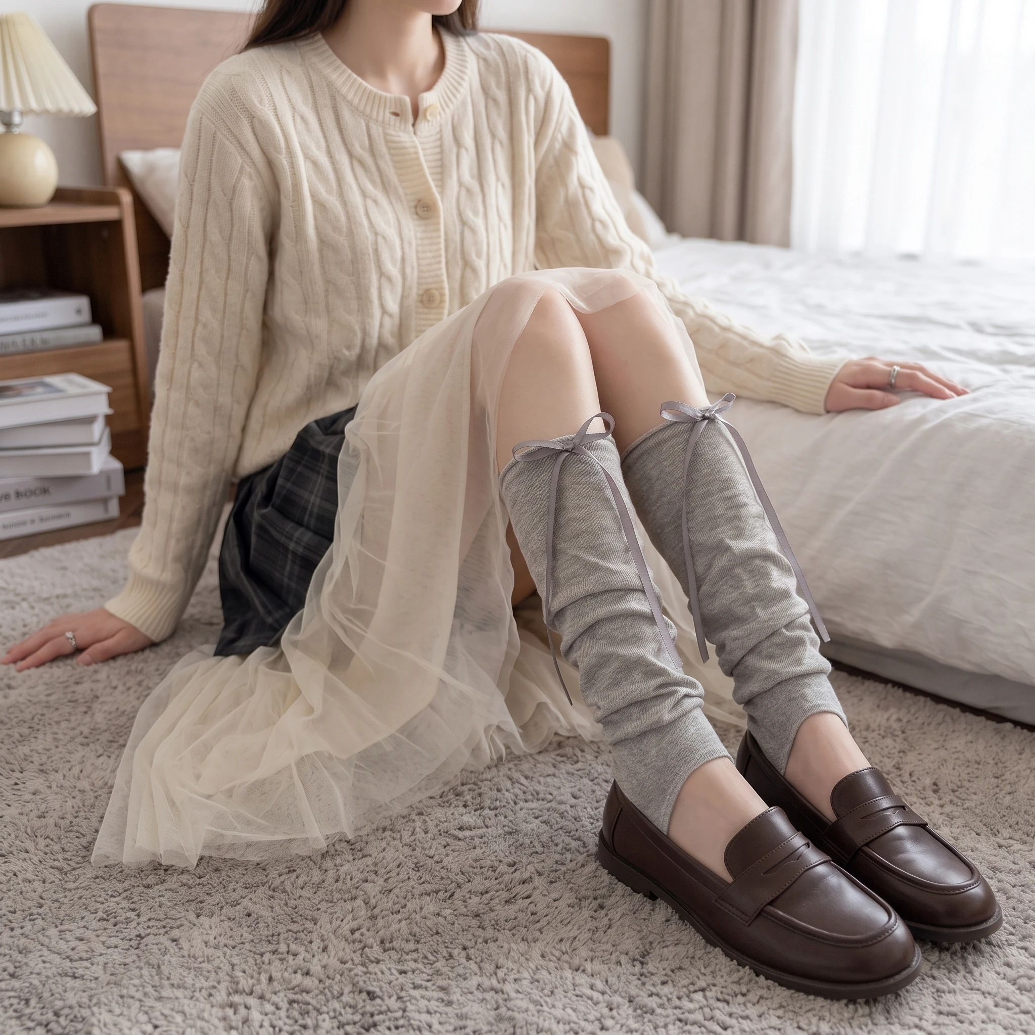 Moon Girl, Sweet Ballet‑Style Bow Foot‑Hold Slouch Leg Warmers for Women, Thin Breathable Summer Calf Socks, Cute Girl Aesthetic Leg Accessory, Great For Daily Sweet Outfit Matching & Ballet‑Core Look.