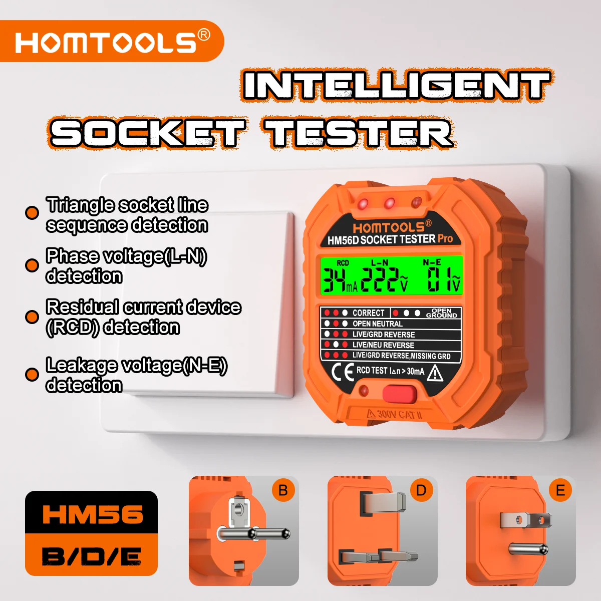 HOMTOOLS HM56 Digital Socket Tester Voltage 30mA RCD Test Smart Detector EU US UK Plug Ground Zero Line Polarity Phase Check