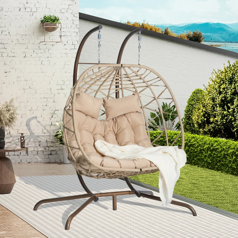 

Double Egg Chair With Stand Hanging Indoor Outdoor Wicker Rattan Patio Basket Egg Swing Chair Hammock Egg Chairs With UV Resista