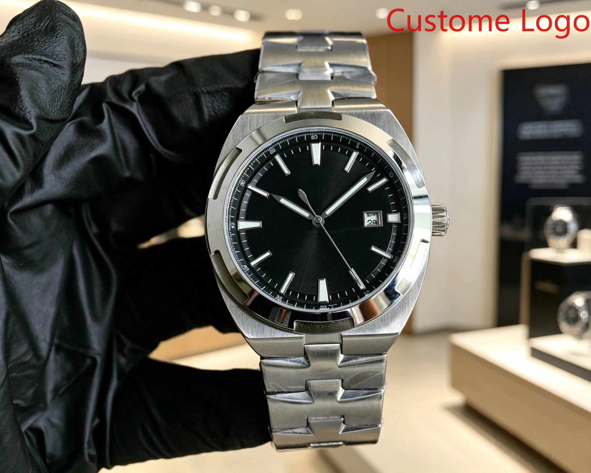Luxury Polished Bezel Self Winding Mechanical Watch，Sunburst Blue & Black Dial Date Window， Luminous Baton Markers Waterproof All Steel Male Dress Watch For Daily Wear