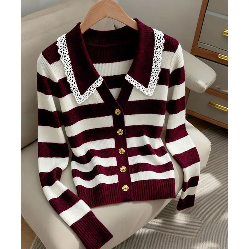 Fashion Autumn Winter Lace Stitching Lapel High-Quality Women Cardigan Sweater Coats Female Long Sleeve Knitted Sweater Ladies