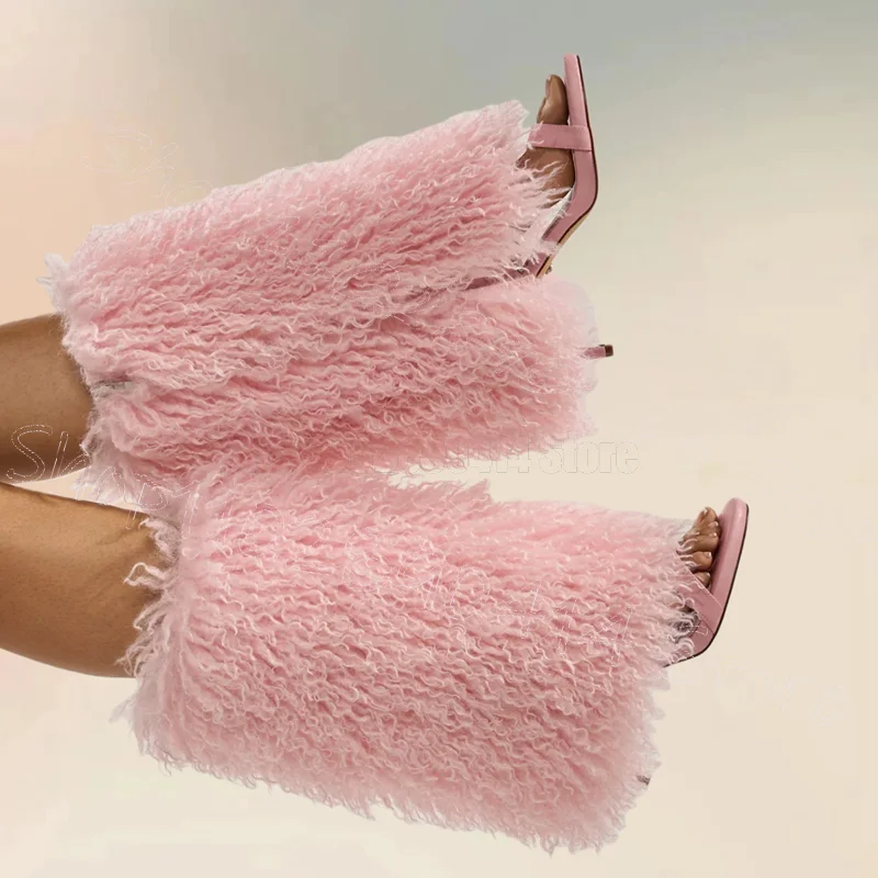 

Pink Lamb Wool Fur Open Toe Sandals Boots Slip On Women Shoes Thin High Heels New Party Banquet Dating 2026 Zapatos Para Mujere