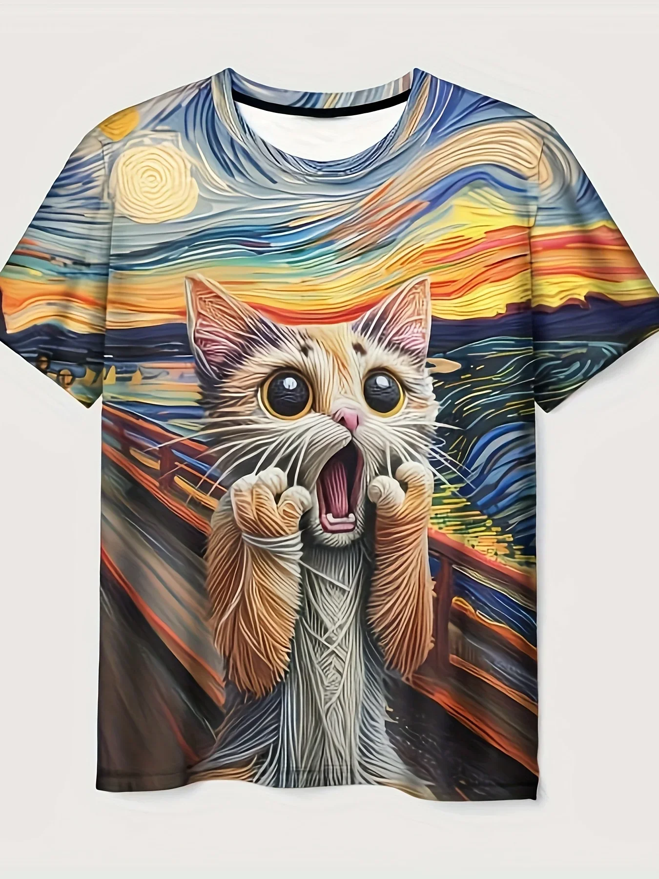 2025 Summer Loose Round Neck Short Sleeve T-shirt 3D Printed Surprise Cat Pattern Men and Women Casual T-shirt Quick Drying