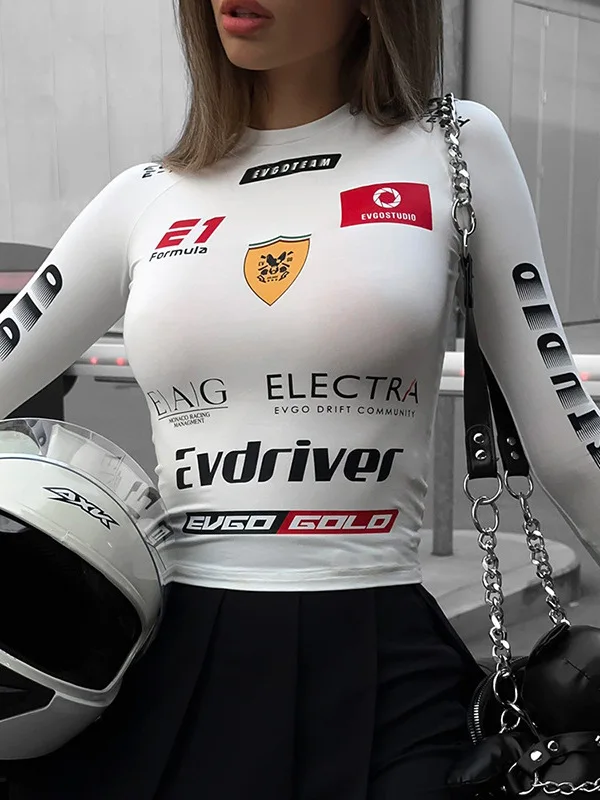 Spicy Girl Slim Fit Moto Sport Long Sve Top T-shirt stampata Street Sle da donna Thiened Autunno Inverno Faion