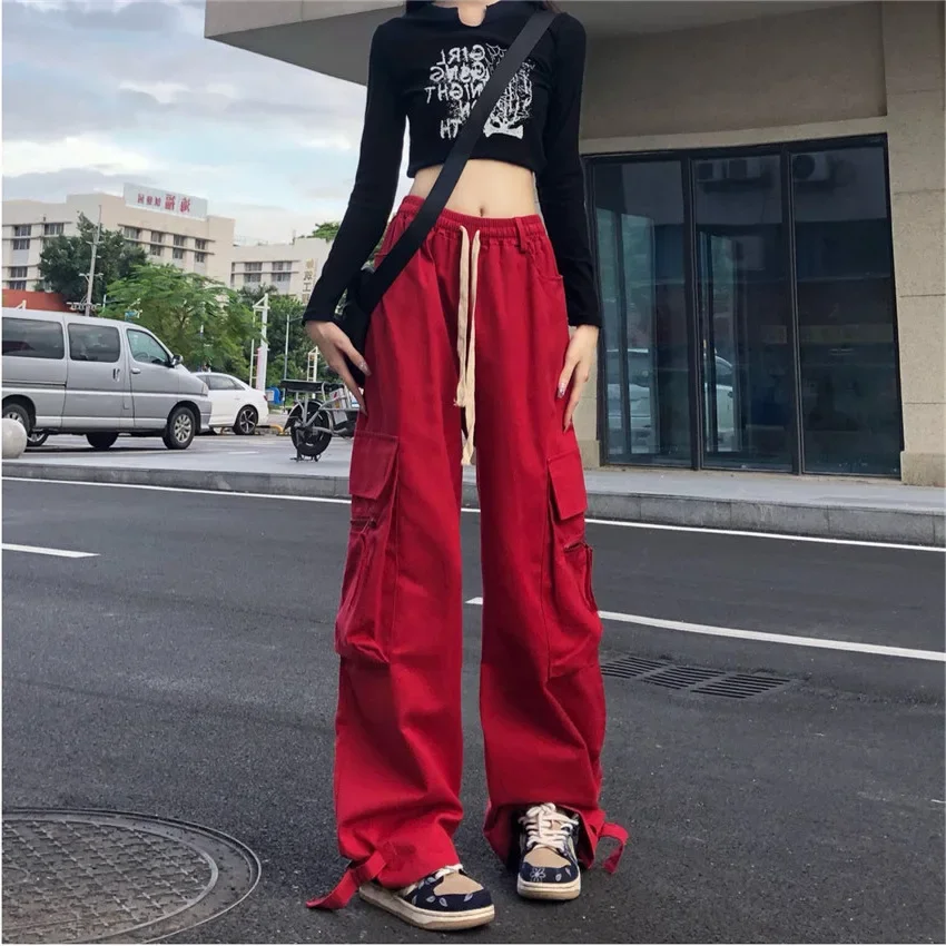 2024 Women's Trendy Overalls Korean Style Spring Autumn American Retro Straight High Waist Trousers Large Pockets Loose