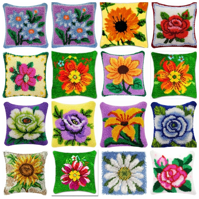 

Smyrna Flower Plant Style Latch Hook Kit Mats Cushion Pillow DIY Crafts Cushion Embroidery Latch Hook Needlework Button Packages