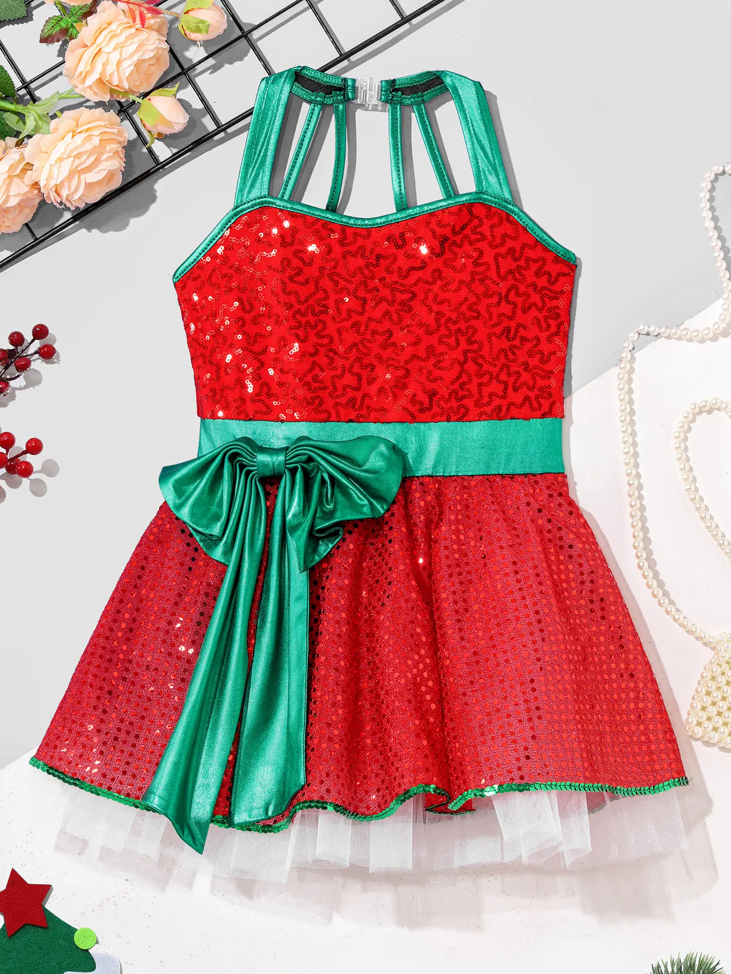 Vestido de baile de Navidad para niñas, sin mangas, lentejuelas brillantes, lazo, tutú de patinaje, leotardo, disfraz de elfo de Papá Noel y Carnaval de Navidad