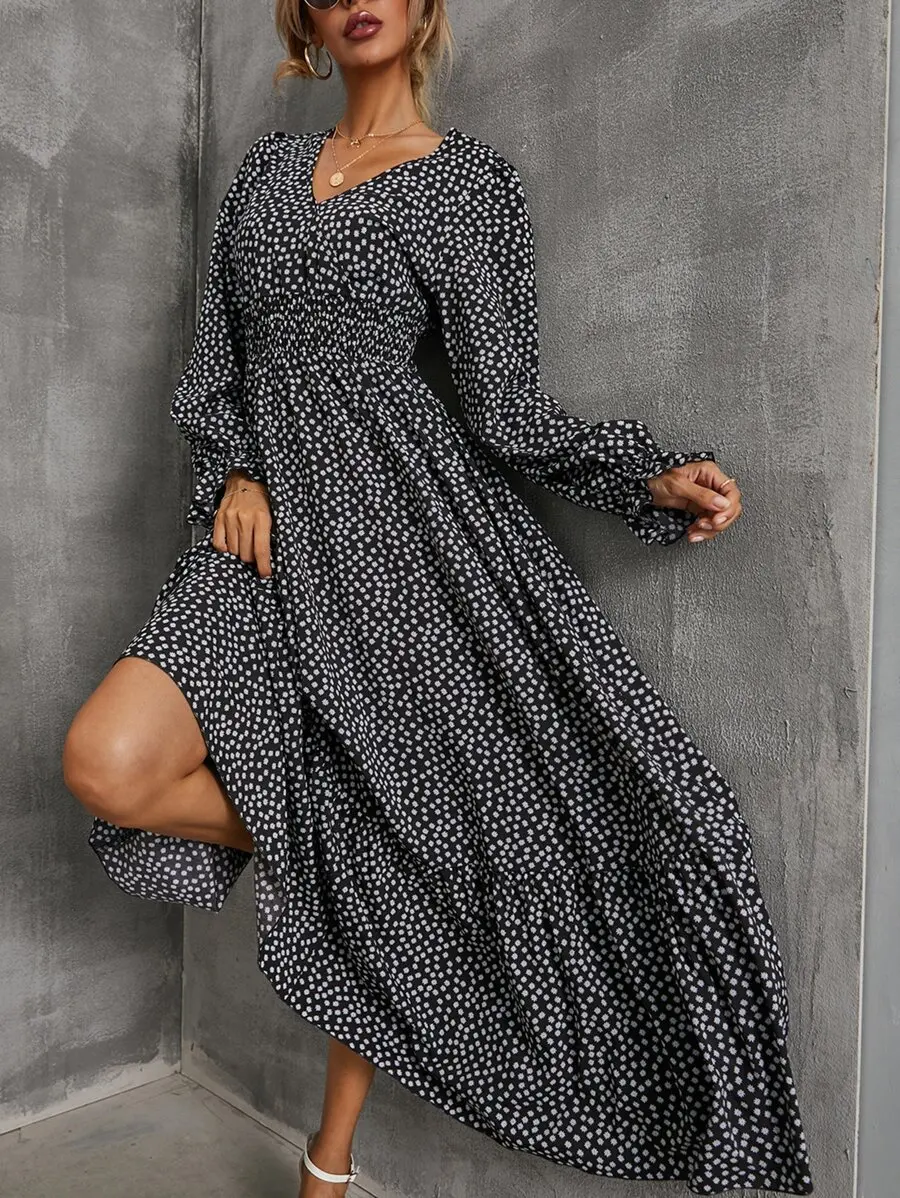 

Black White Polka Dot Maxi Dress with V-Neck, Flounce Sleeves and Ruffle Hem