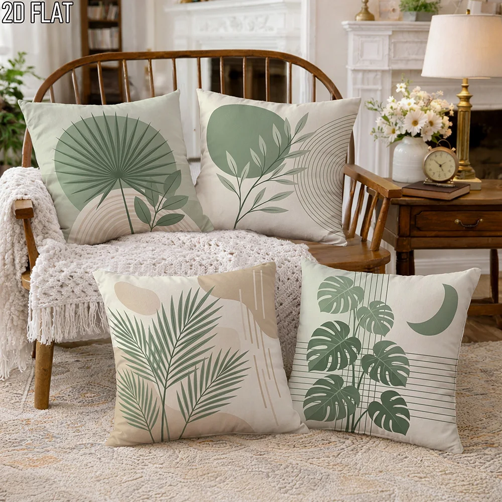 2D flat-1pc Boho Sage Green Tropical Plant Throw Pillow Covers Minimalist Geometric Leaf Cushion Cases