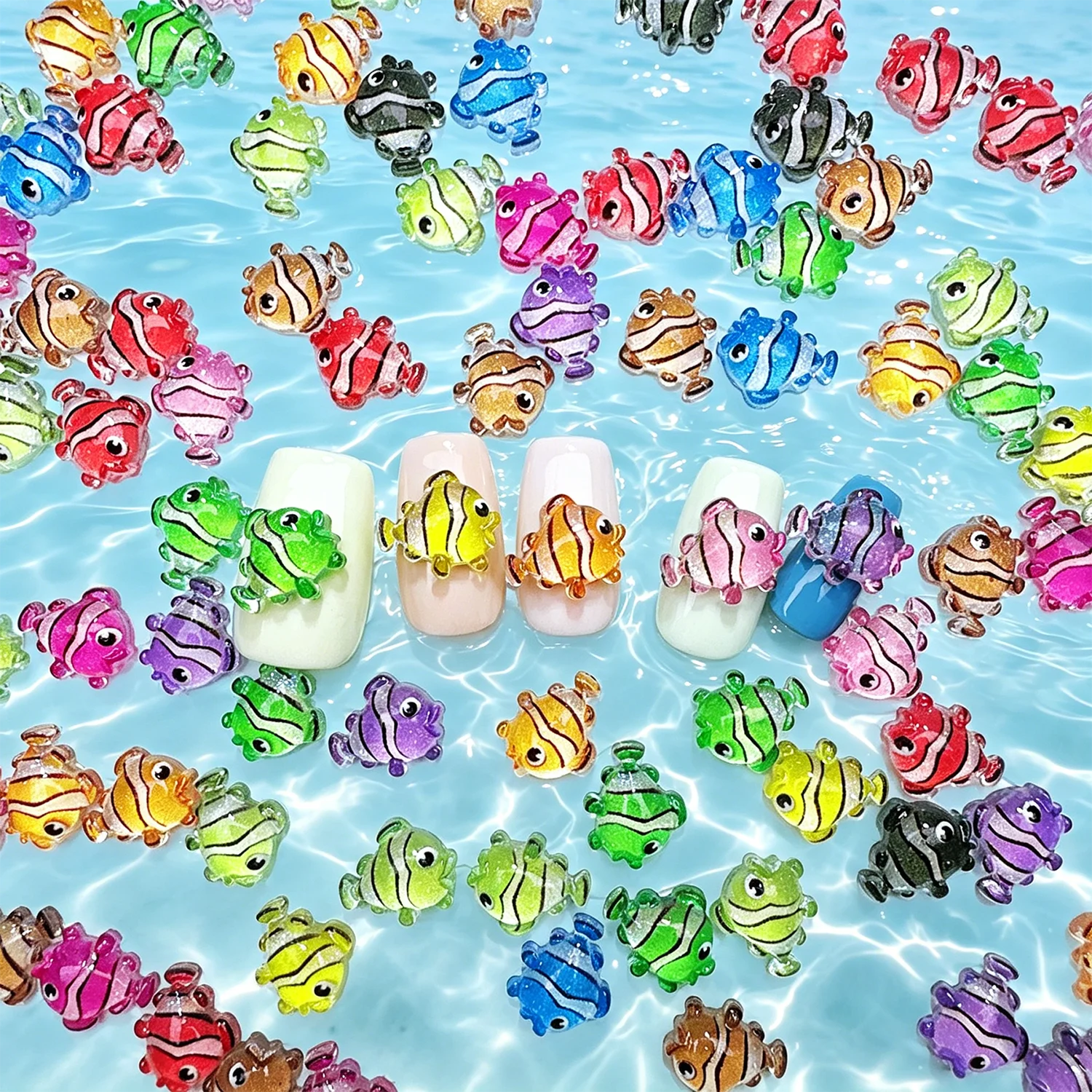50PCS Colorful Clownfish Nail Charm 3D Resin Tropical Fish Nail Decor Glossy Transparent Fish Manicure for Summer Beach Vacation