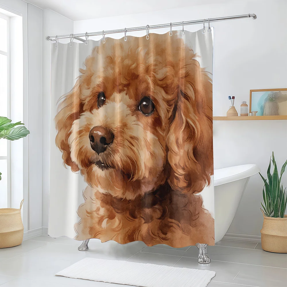 1pc Light Brown Curly Poodle Pattern Printed Shower Curtain, Watercolor Style Art Pet Pattern Home Decor Bathroom Curtain, Batht