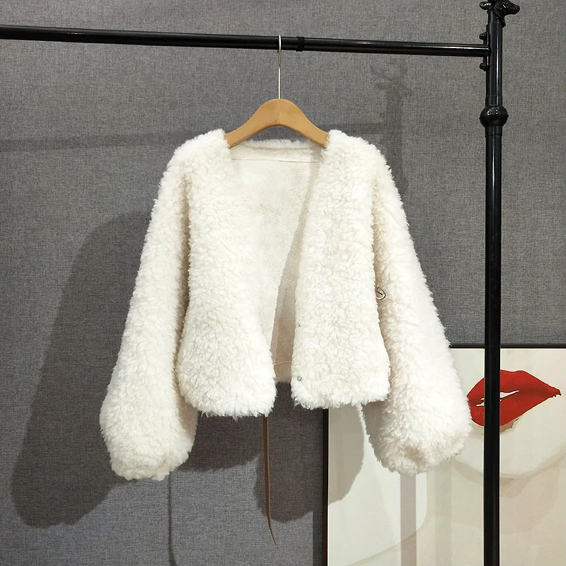 Lantern Sleeves Short V-neck Toca Sheep Curly Wool 100% Wool Fur Coat Sheep Shearling Fur Coat  PT390