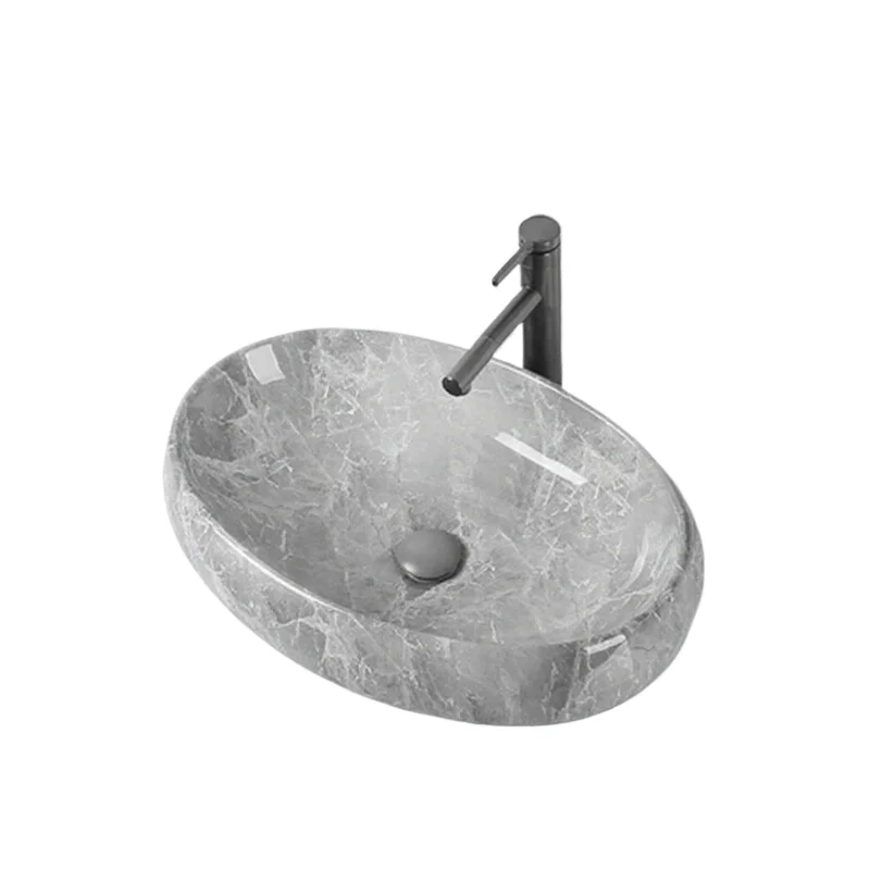 

Grey Marble Pattern Ceramic Art Hand Wash Single Basin Bathroom Wash Sink Balcony Oval