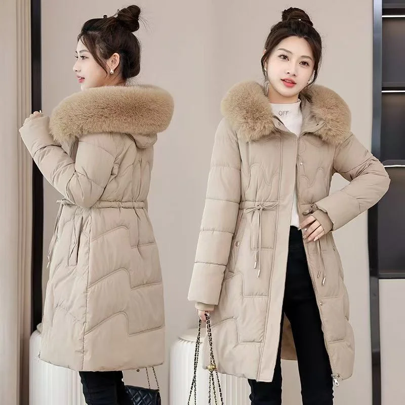 Girls In Cotton-padded Coat Long Hooded Trend In Autumn And Winter Of 2024 Cotton-padded Jacket Slim Padded Warm Fur Collar Coat