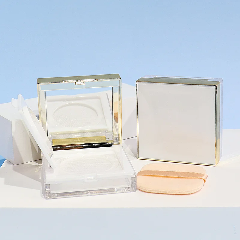 

8g Square Loose Powder Box with Gold Trim, Flip Top Elastic Mesh Sifter, Refillable Empty Compact