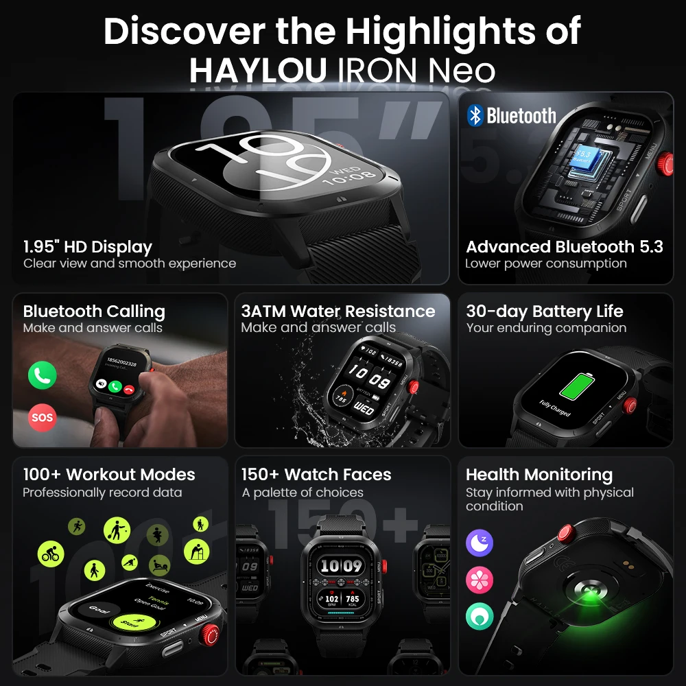 HAYLOU IRON NEO Smartwatch 1.95 ''HD عرض 3ATM مقاوم للماء بلوتوث دعوة 30 يومًا عمر البطارية الرياضة ساعة ذكية للخارجية