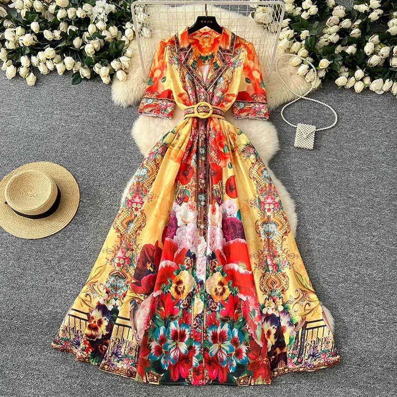 Summer Vintage Court Style Printed Suit Collar Waist Cinching Dress for Women Short Sleeved Long  Dress Vestidos for Women A295