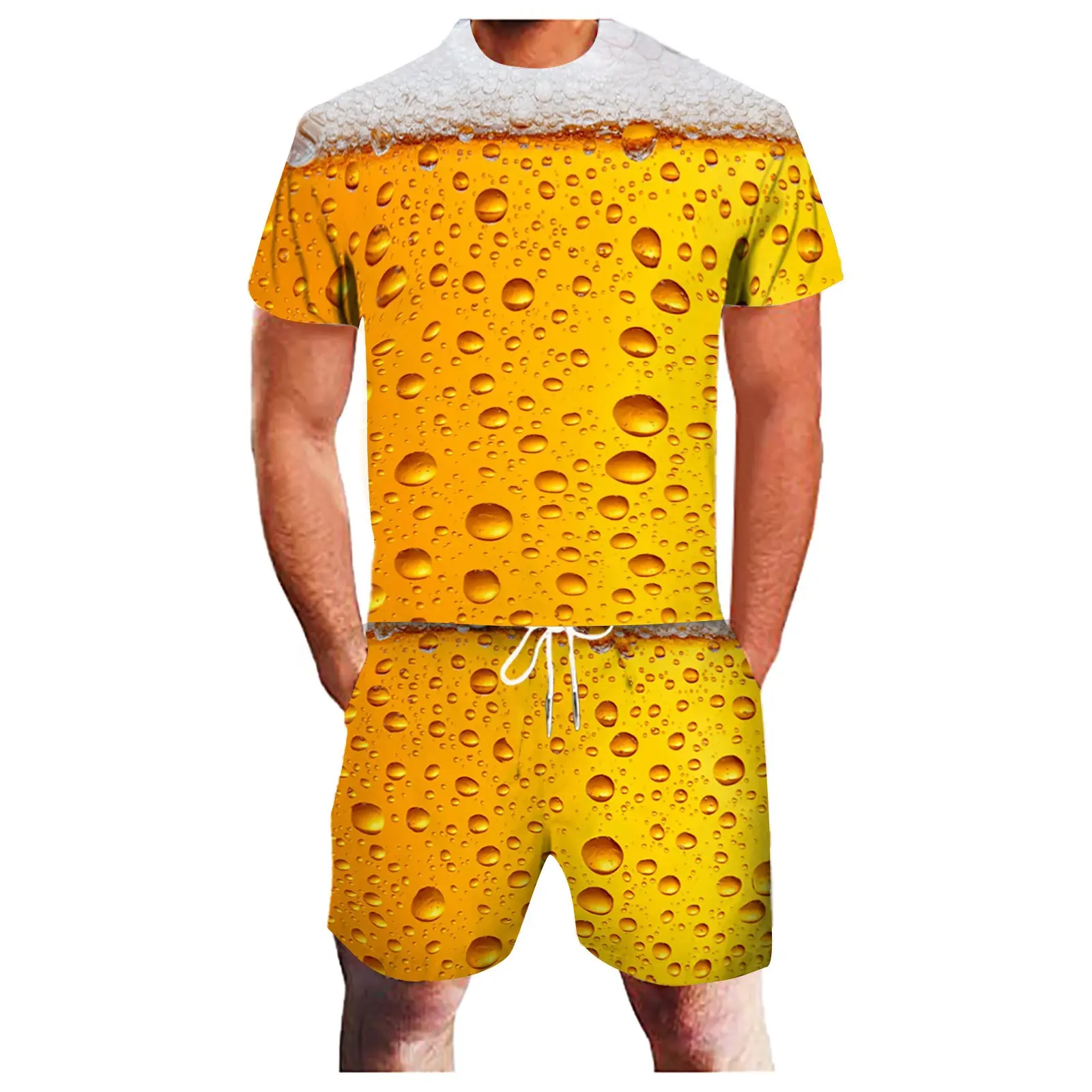 3D-Bier-Print Sport Feuchtigkeitsableitendes Atmungsaktives Herren T-Shirt Shorts Set Spaßiges Cooles Streetwear Cosplay Lässiges Modetrend-Hosen-Set Sommer