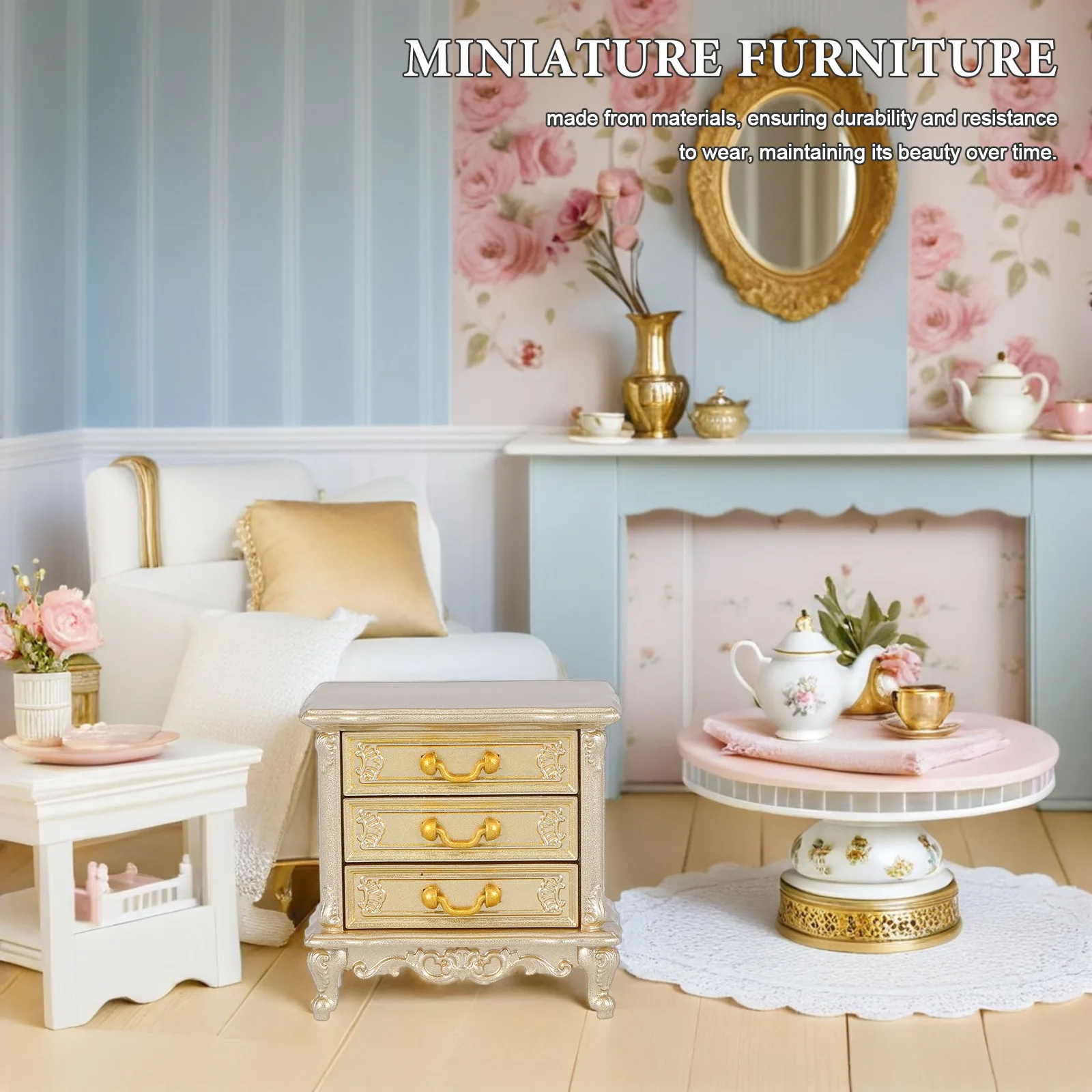 Miniature Vintage Wooden Nightstand Bedside Cabinet for Dollhouse Decoration, Small Bedroom Furniture