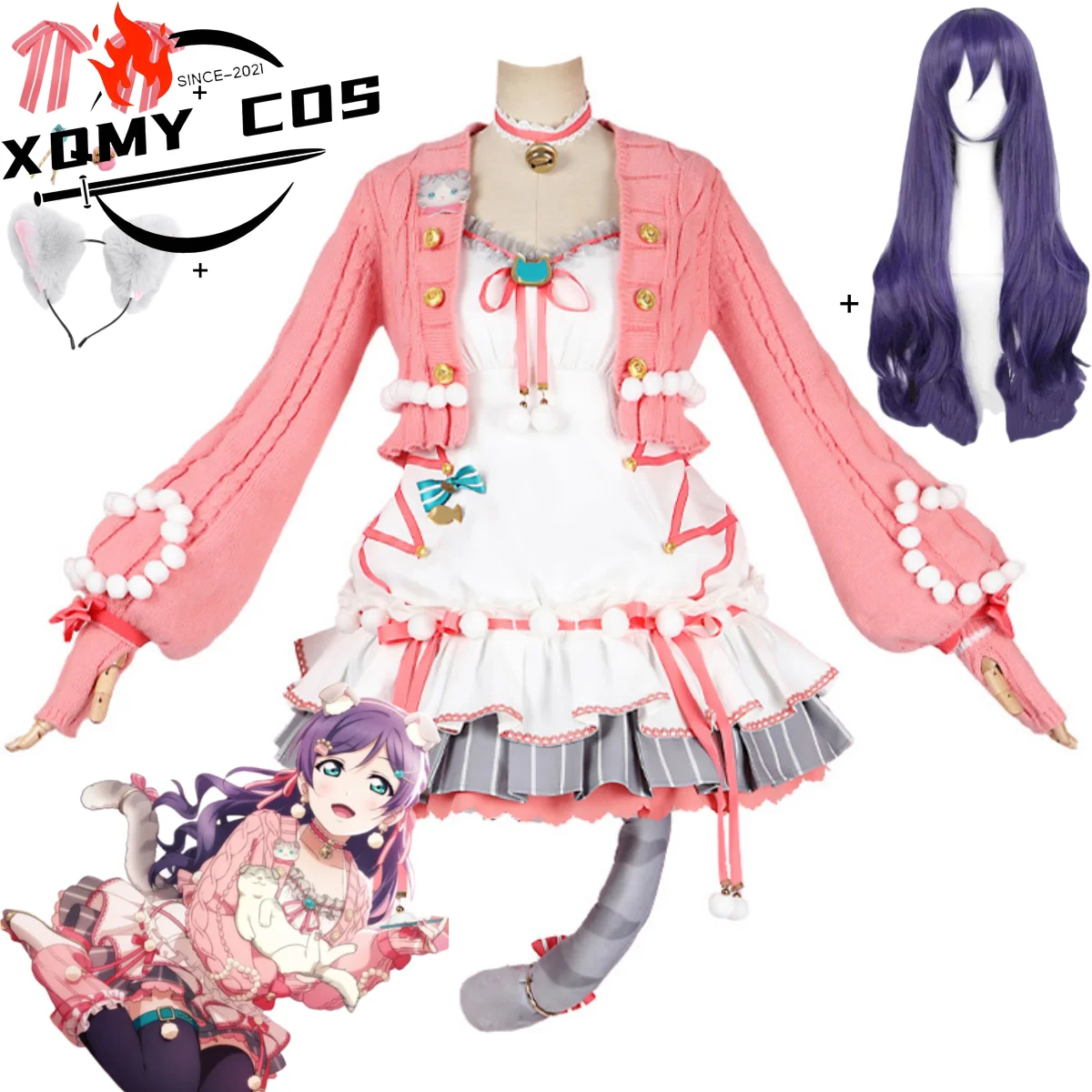 xqanime-amourlive-nozomi-tojo-cosplay-costume-tricote-pull-veste-robe-uniforme-chat-oreille-perruque-femme-kawaii-fete-d'anniversaire-costume