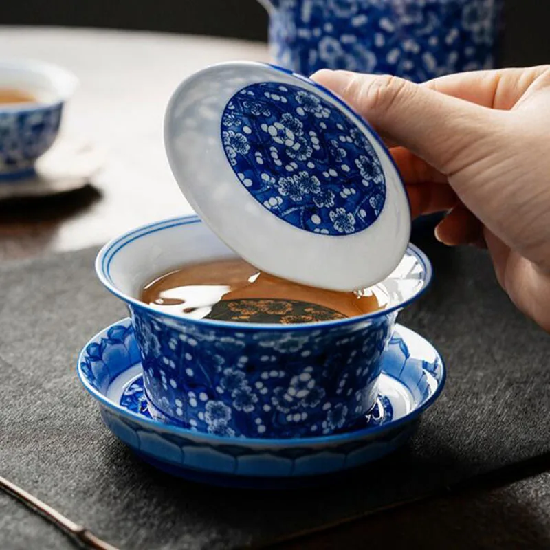 Porcelain Blue and White Plum Blossom Pattern Sancai Gaiwan Kungfu Respect Tea Cup Infuser Tea Bowl Kitchen Teaware