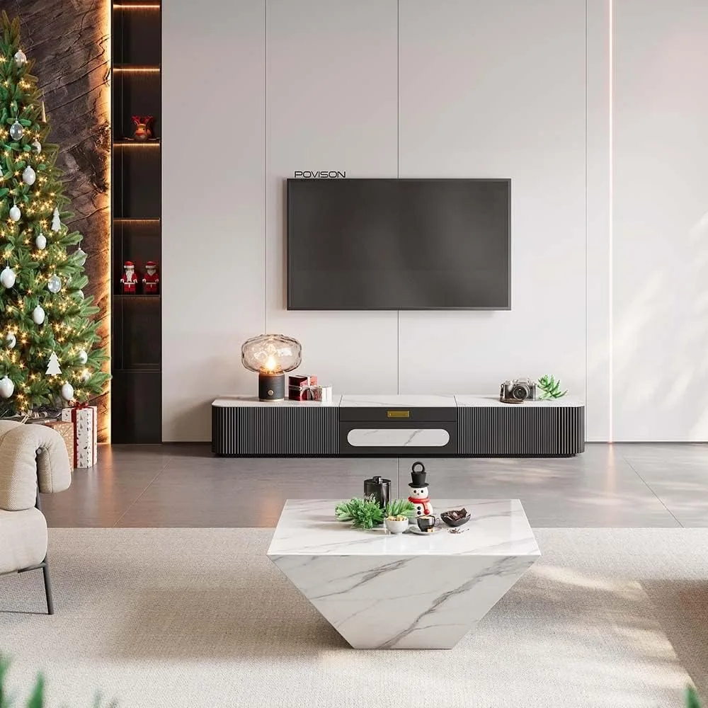 Fully-Assembled Modern TV Stand for Projector, Sintered Stone Entertainment Center with Storage for 65 inch TV