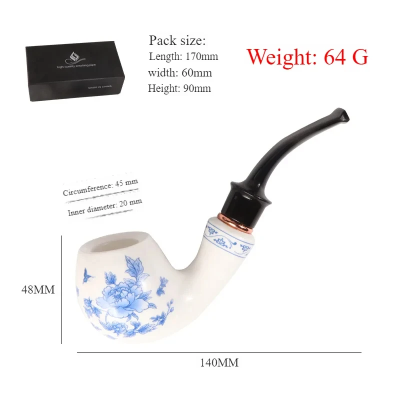Ceramic Tobacco Pipe 9mm, Reusable with Filter & Washable Stem, Handmade Chinese Smoking Pipe for Smooth Draw, Easy Clean