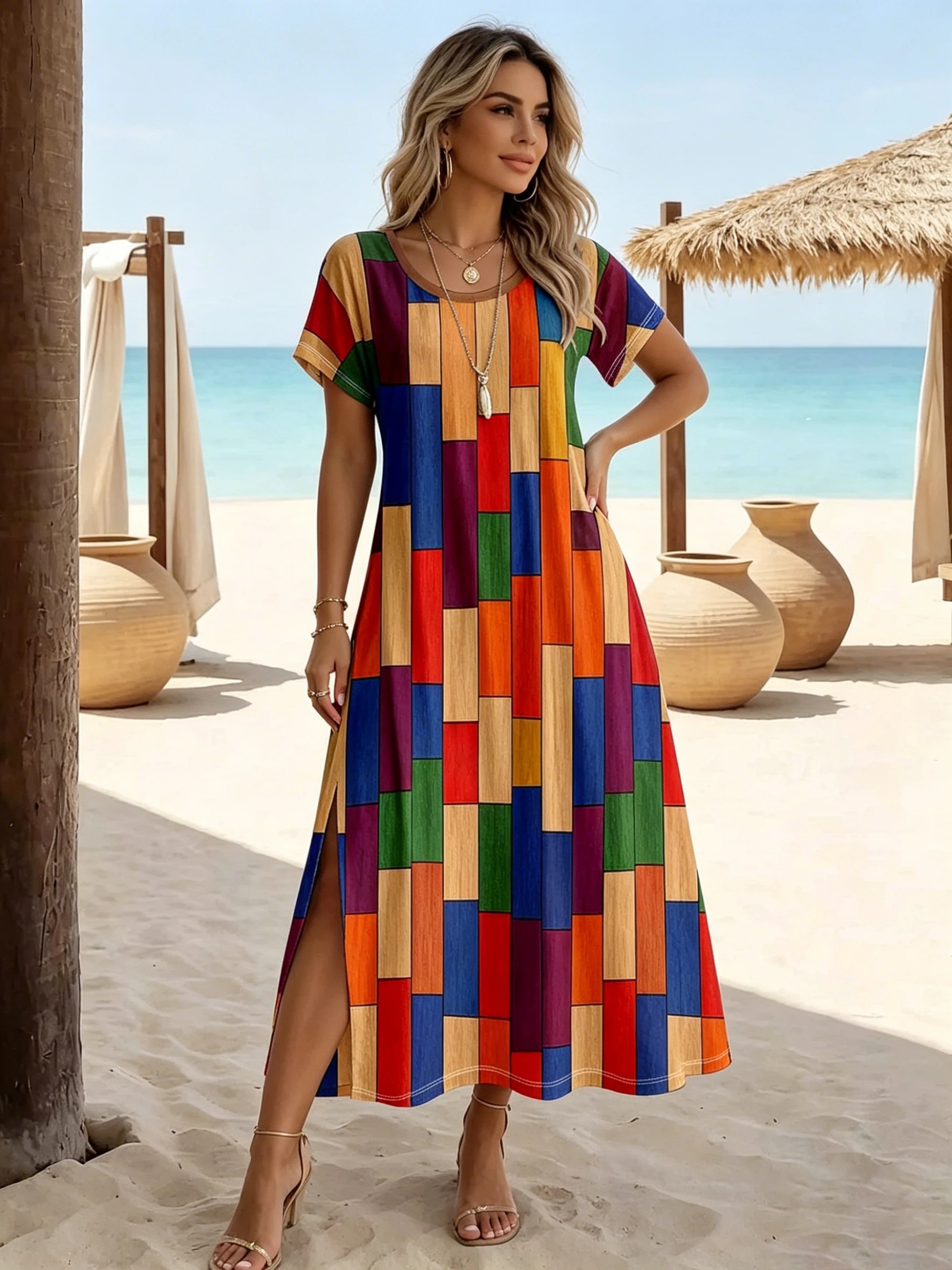 Women's Yellow Maple Leaf Print Maxi Dress Short Sleeve O-Neck Split Casual Summer Beach Sundress Vestidos