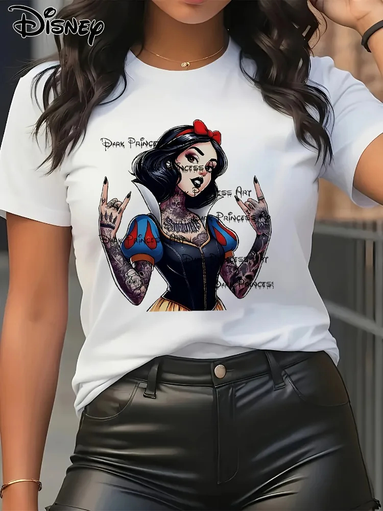 

Disney Women's Casual Short-Sleeve T-Shirt Round Neck Top with Avant-Garde Tattoo Art and Naturally Cool Graphic Design