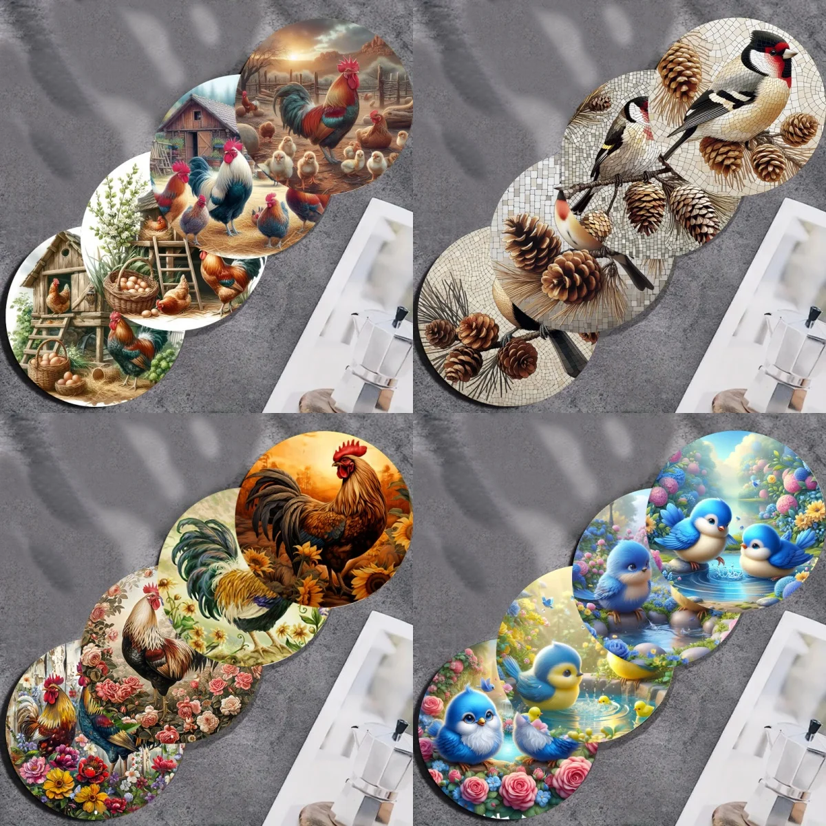 Colorful Bird and Rooster Art Coasters - 4-piece set, anti-slip wooden coasters, suitable for kitchen, office and party decorati