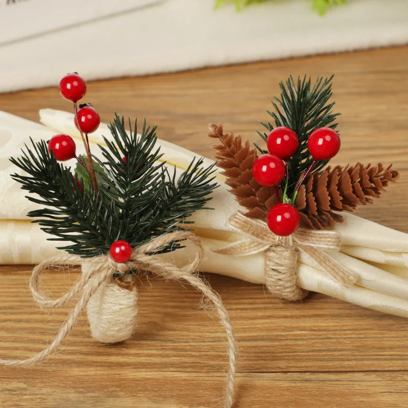 6Pcs/Lot Christmas Natural Jute Napkin Rings Xmas Table Pine Napkin Holder Flower Towel Buckle Wedding Christmas Ornaments 2023