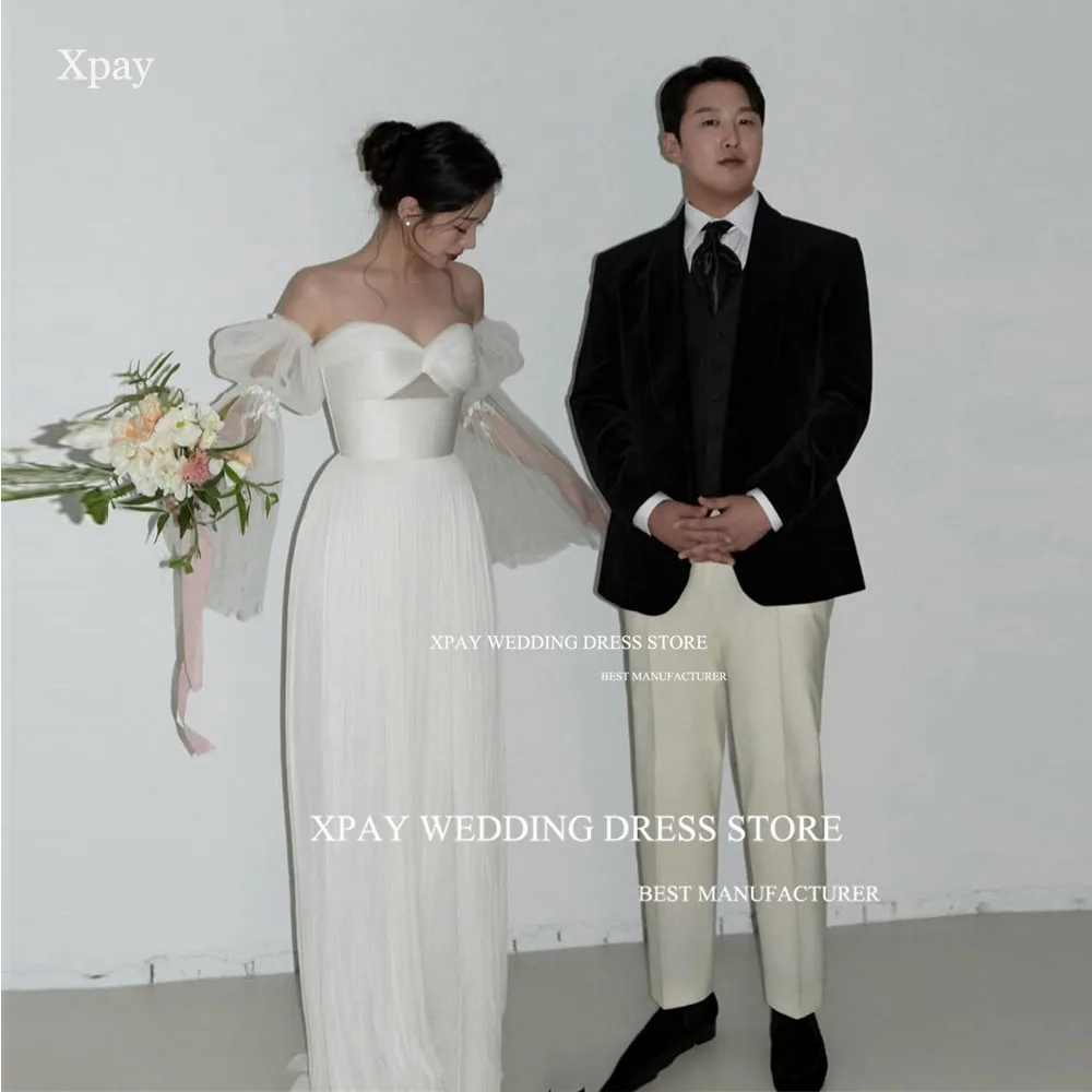 Xpay elegante querida coreia vestidos de casamento personalizado plissado tule vestido formal nne mec sereia mangas compridas puff vestido de noite