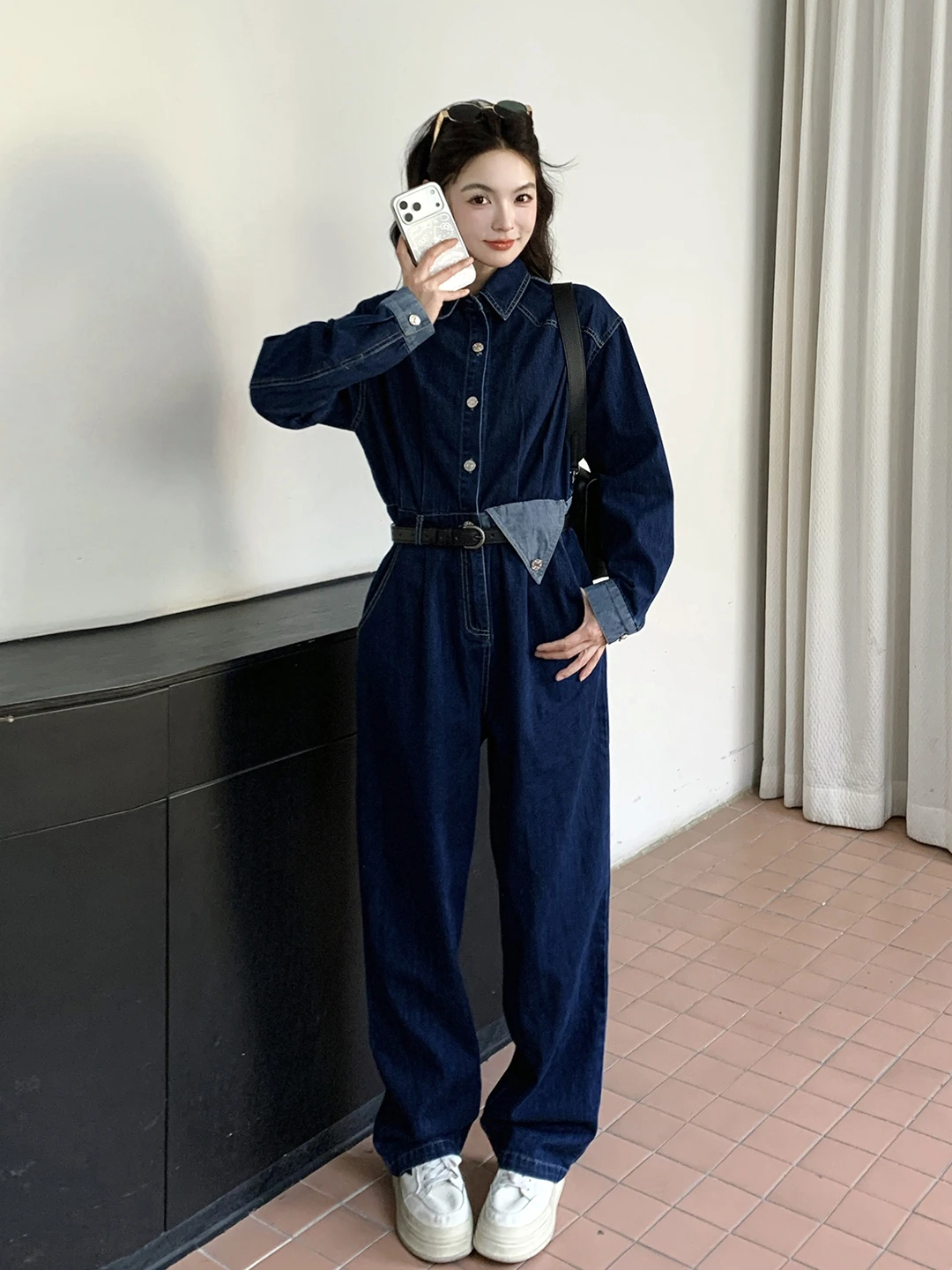 

Джинсовый комбинезон Deep Blue с контрастными вставками для женщин, весна-осень, с высокой талией, цельный, прямые брюки