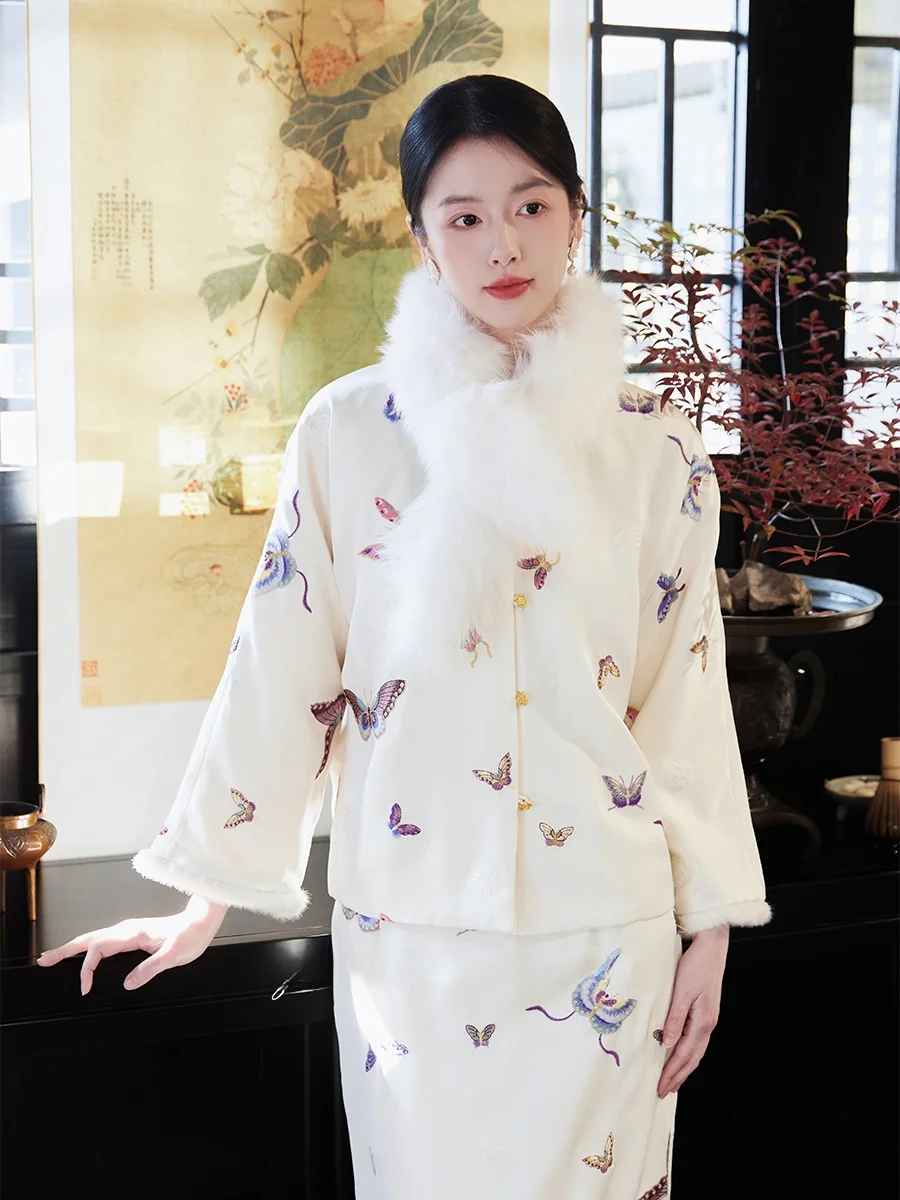 

LelezStudio Новая китайская вышитая хлопковая куртка с длинными рукавами и юбка в традиционном национальном стиле для женщин