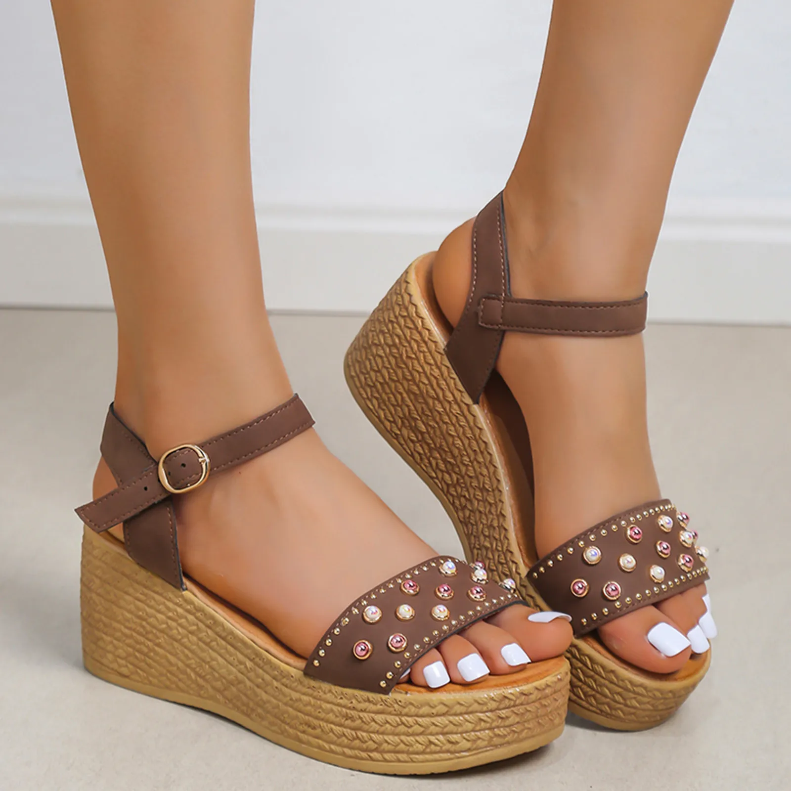 Ladies Wedge Beads Sandals Wedge Heel Platform Fashion Casual Button Strap Sandals T Strap Sandals For Women Comfort