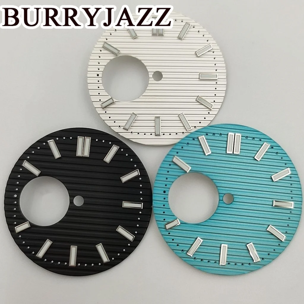 BURRYJAZZ 29.5mm No Logo NH38 Watch Dials Black Blue Green White Dial Green Luminous Fit 3 O'clock  Case Crown