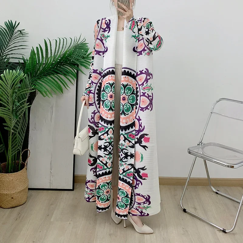 Miyake Pleated Muslim Women's Clothing Modest Modern Fashion Turkish Print White Casual Plus Size Abaya Cardigan Robe