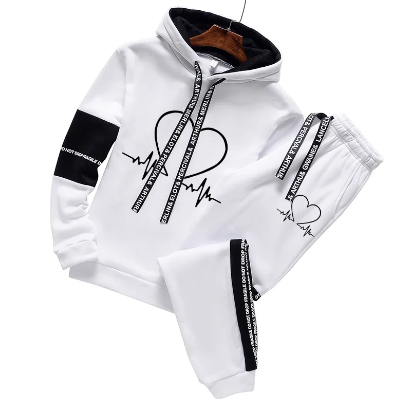 Black White Mens Tracksuit Casual Hooded Sweatshirt Jogging Sport Street Clothing High Quality Printing Tops Pants Suit S-3XL