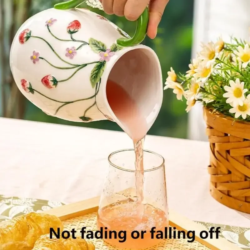 Indoor Desktop Accent Vase for Florals Display, Decorative Strawberry Ceramic Milk Jugs Pitcher Vase with Handle, Flower