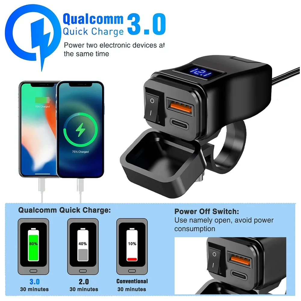 PD QC3.0 دراجة نارية USB شاحن سريع المقود المزدوج مقبس USB مقاوم للماء 12 فولت موائم مصدر تيار مع التبديل الفولتميتر