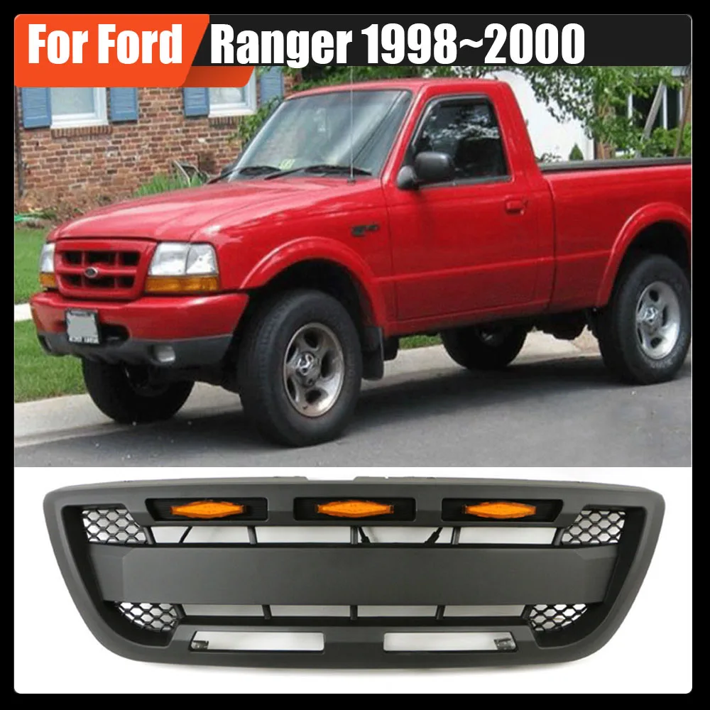 

For Ford Ranger 1998~2000 Car Modified ABS Front Bumper Mask Grille Racing Grill with LED Lights Auto Exterior Parts Black