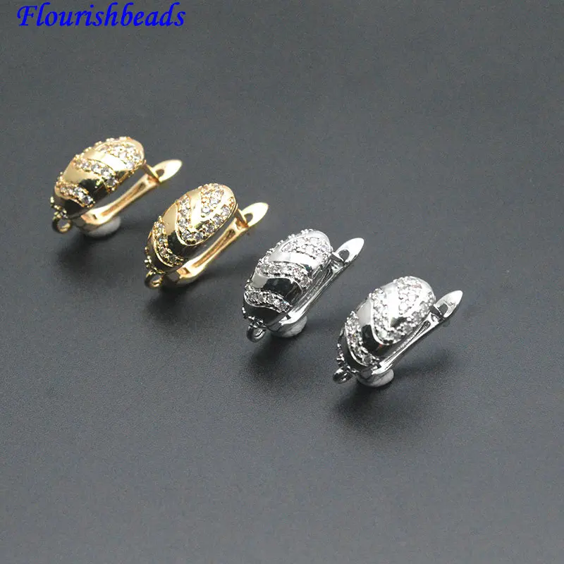 30pc Gold Silver Color Metal Brass Earrings Hook Clasps New Design CZ Paved Curved Oval Surface Jewelry Findings