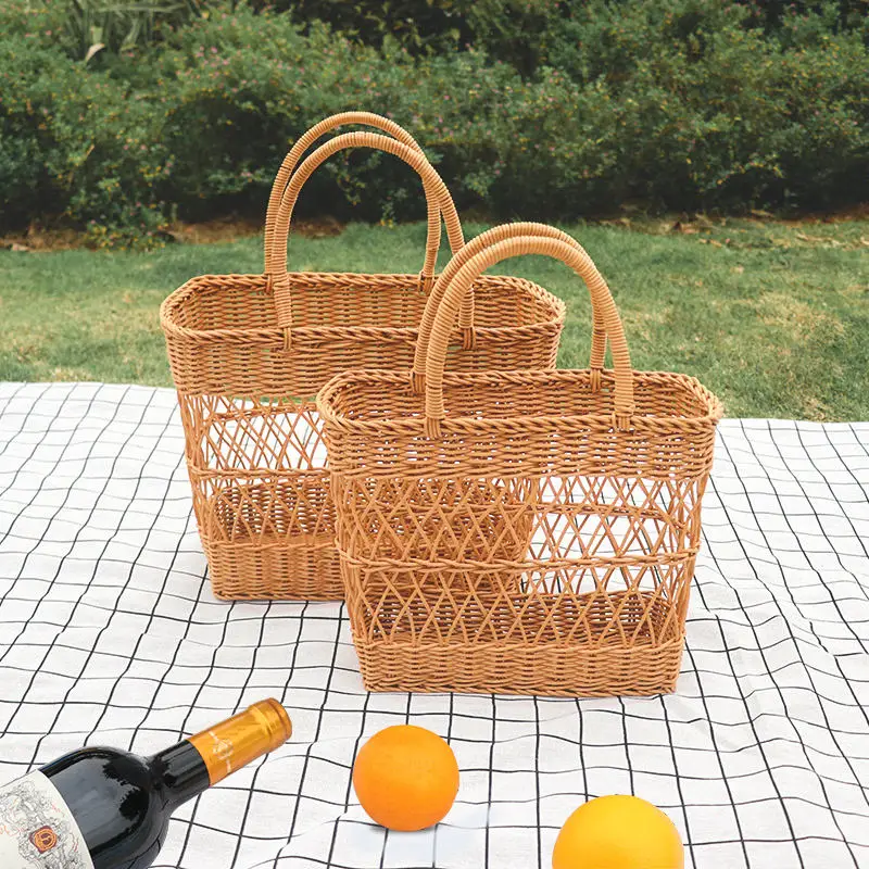 Woven Picnic Basket Large Capacity Fashionable Handmade Shopping Basket Portable Rattan Basket For Camping Picnic BBQ Fishing