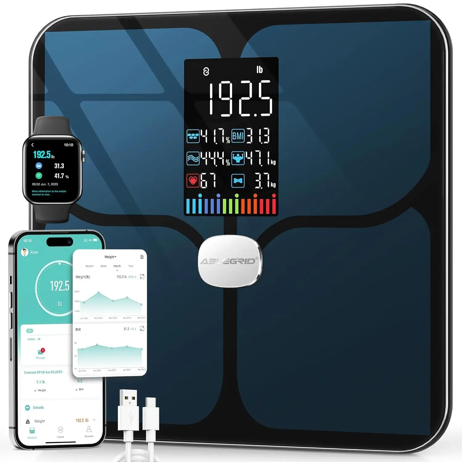 

Smart Bathroom Scale with Large Color Display, 22 Body Metrics, Heart Rate, Baby Mode, Rechargeable